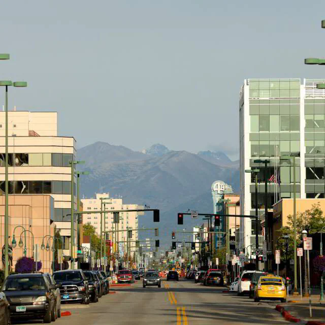 Anchorage street with the Chugach Mountains in the background