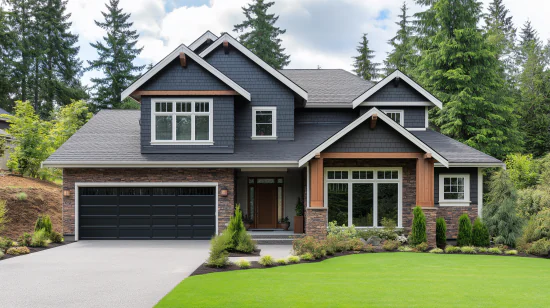 Two-story craftsman home with a dark gray exterior